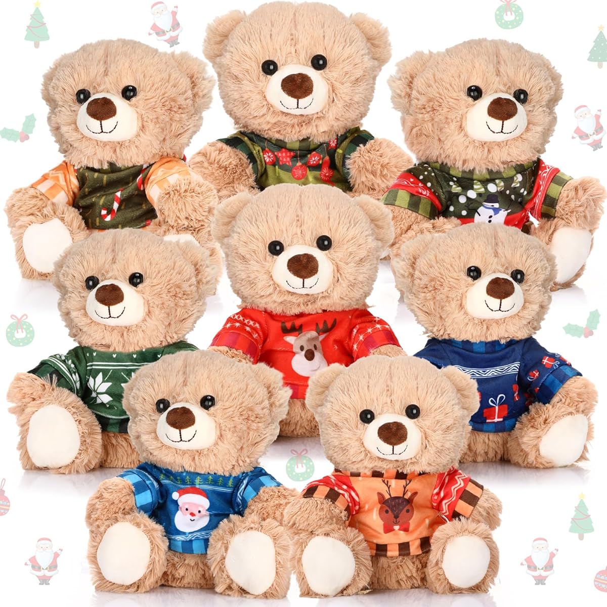 Hiboom Christmas Operation Stuffed Animals Bear Plush Toys, Set of 8 Stuffed Bears with Removable Clothes, 10 Inch Cuddly Soft Bears, Brown Christmas Bear Plush Toys for Kids, Baby Shower, Christmas, Wedding, Birthday Party