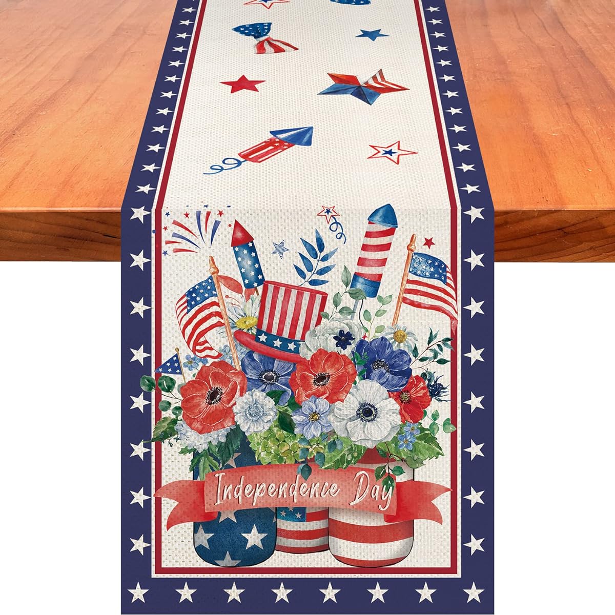 Glass Mason Jar 4th of July Patriotic Day Table Runner Independence Day Holiday Kitchen Dining Table Decoration for Indoor/Outdoor/Home Party Decoration 13 x 72 inches
