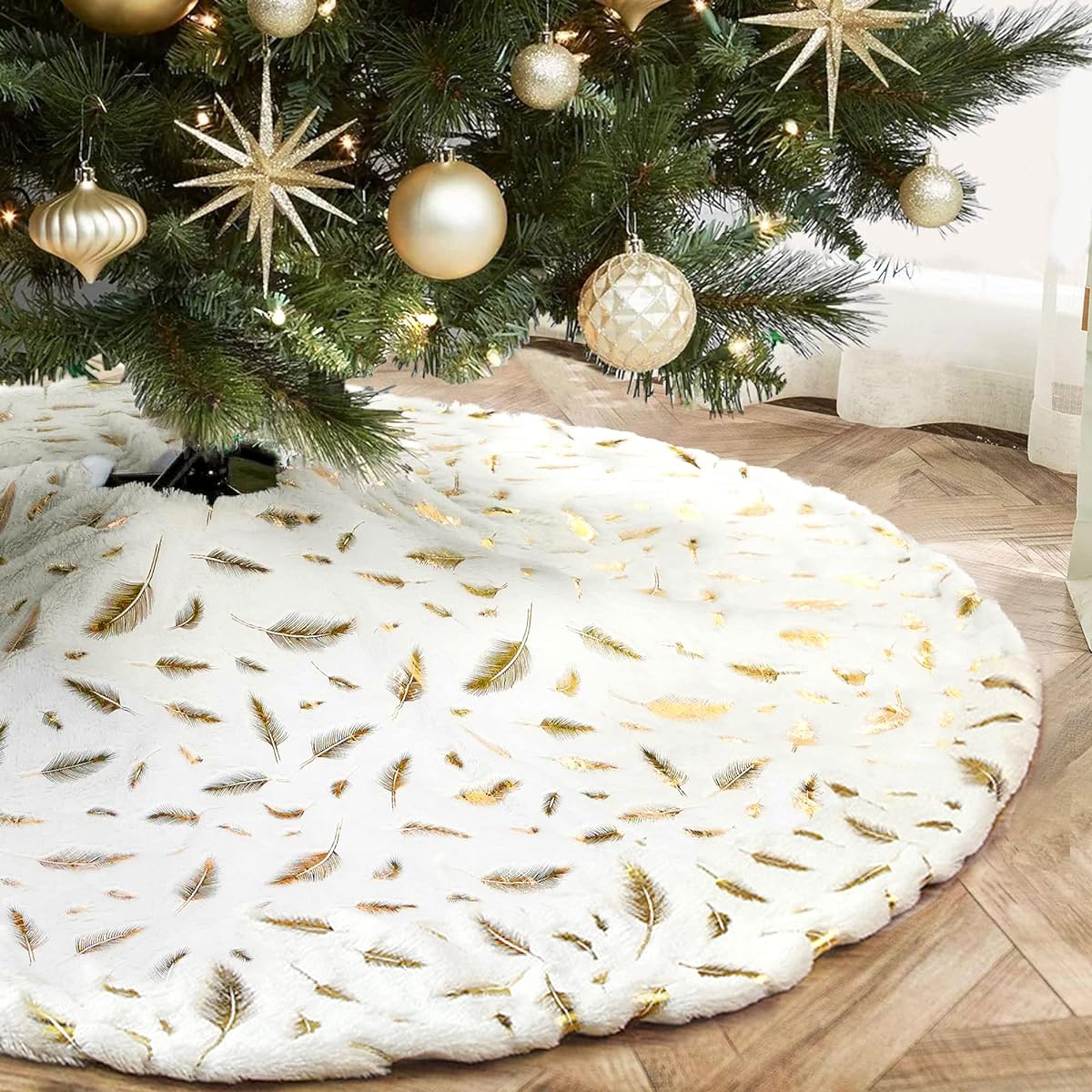 NIBESSER White Christmas Tree Skirt, 48 Inch Faux Fur Tree Skirt Sequin Tree Carpet Mat with Gold Feathers Plush Tree Base Cover Christmas Decorations for New Year Party Holiday Christmas Ornaments