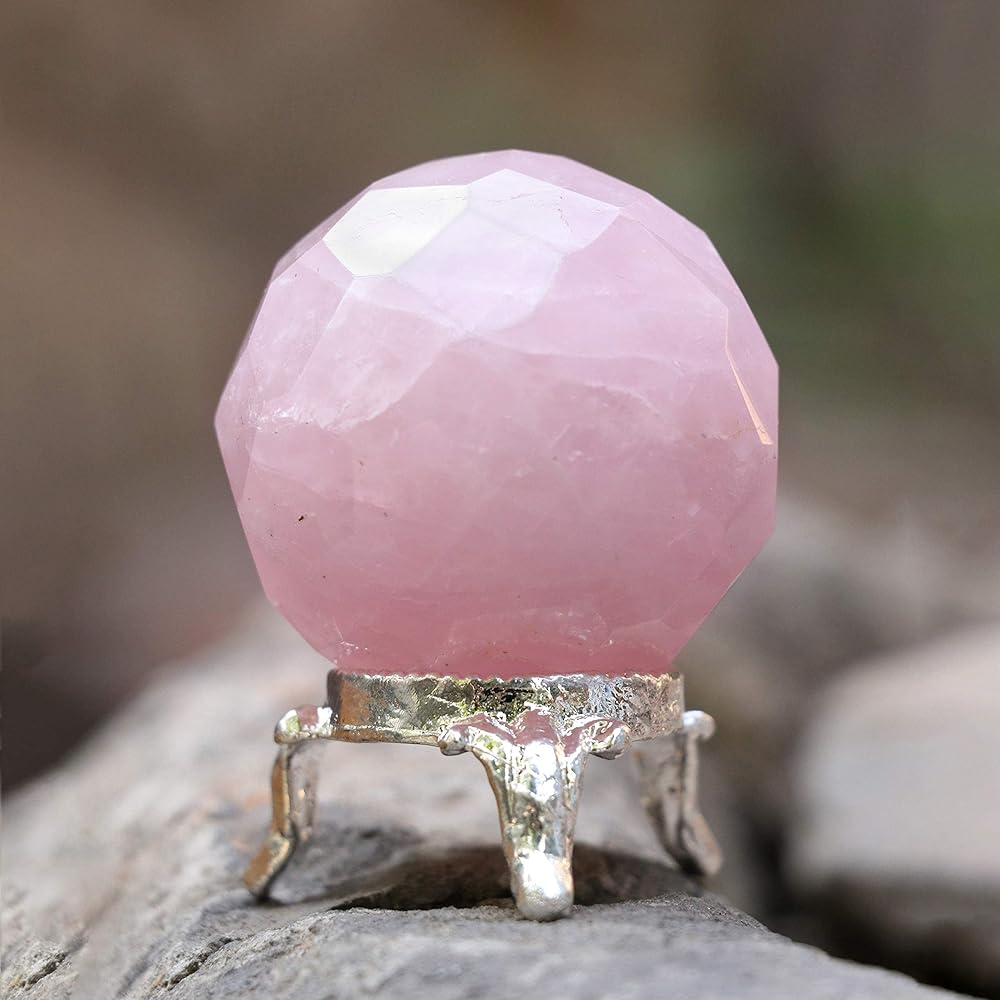 Crocon Rose Quartz Diamond Cut Crystal Ball with Metal Stand | Gemstone Ball Healing Sphere Sculpture Figure | Feng Shui Fortune Telling Home Decoration | Crystal Ball | Size: 40-50mm