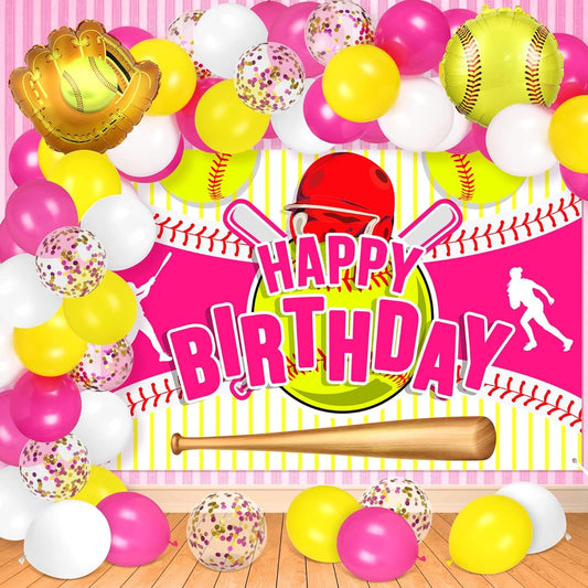 43pcs Softball Birthday Party Decorations, Large Softball Happy Birthday Banner and 42pcs Softball Party Balloons Garland Kit for Girls Kids Teens Sports Theme Christmas Holiday Birthday Party Supplies