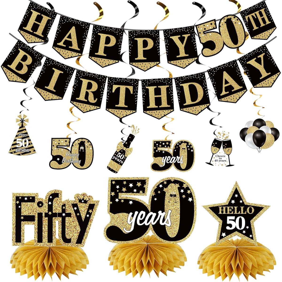 50th Birthday Banner Decoration Unisex 10 Pieces Happy 50 Birthday Banner Honeycomb Centerpiece Swirl Kit Black Gold 50th Birthday Banner Ceiling Table Topper Sign Party Supplies Indoor Outdoor