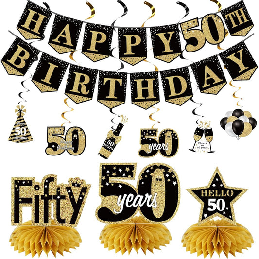 50th Birthday Banner Decoration Unisex 10 Pieces Happy 50 Birthday Banner Honeycomb Centerpiece Swirl Kit Black Gold 50th Birthday Banner Ceiling Table Topper Sign Party Supplies Indoor Outdoor
