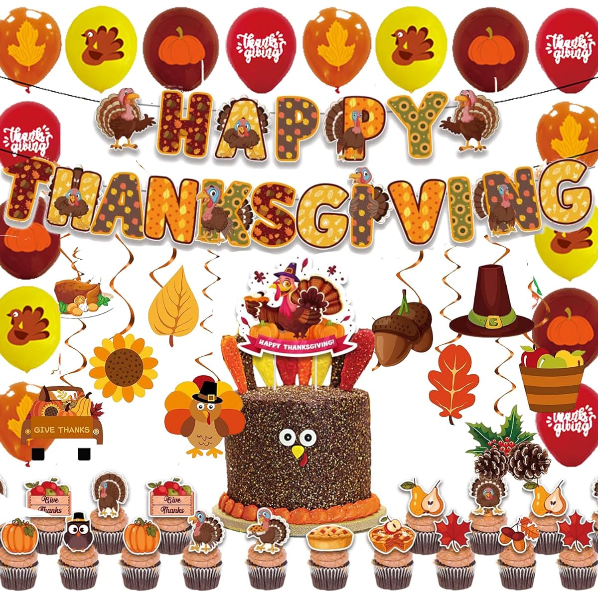 Thanksgiving Party Decorations Supplies Kit 108 Pieces - HAPPY THANKSGIVING Banner Thanksgiving Hanging Swirls Thanksgiving Balloons Thanksgiving Cupcake Toppers Thanksgiving Stickers for Kids Happy Thanksgiving Decorations Party