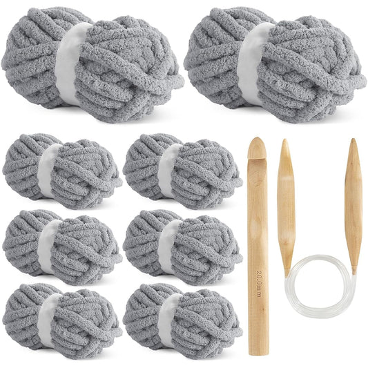 HOMBYS Gray Chunky Chenille Yarn for Hand Knitting, Fluffy Soft Jumbo Yarn with Circle Needle & Crochet Hook, For Thick Blanket, Big Thick Arm Knitting Yarn, Pack of 8