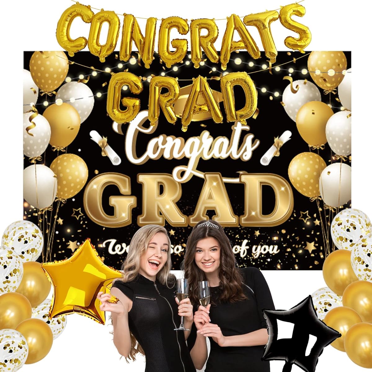 Congrats Grad Banner Balloons - Graduation Party Decorations 2023 Set Congrats Balloon Banner with Confetti Balloons Graduation Background Graduation Foil Balloons Gold Graduation Decorations 2023