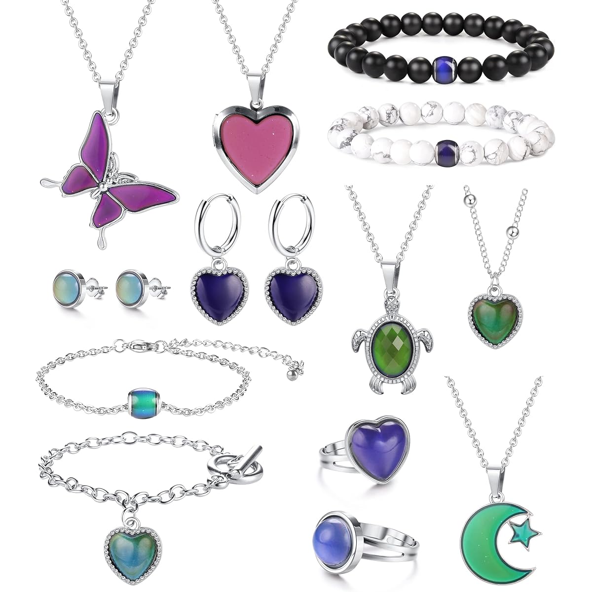 LOLIAS 15pcs Mood Rings, Mood Necklace, Bracelet, Earrings, Adjustable Temperature Sensing Color Changing Mood Rings, Butterfly, Turtle, Heart Shaped Locket Necklace Accessories Set, Metal, No Gemstones
