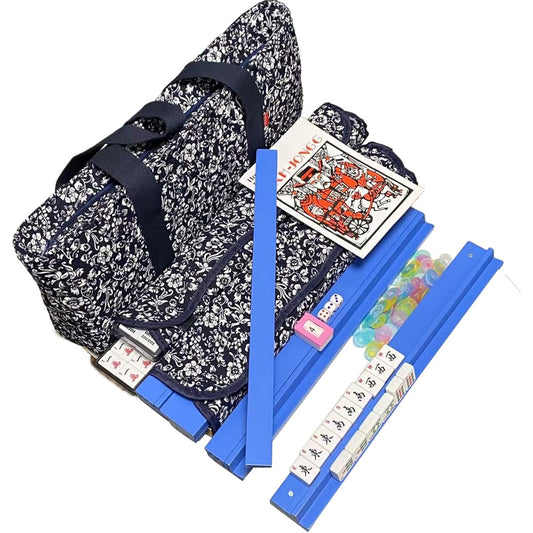 Secbulk Mahjong Set with Stylish and Eco-Friendly Natural Cloth Bag, Mahjong Rack with Pusher, 166 Mahjong Tiles, Mahjong Cards for Family, Mom, Father