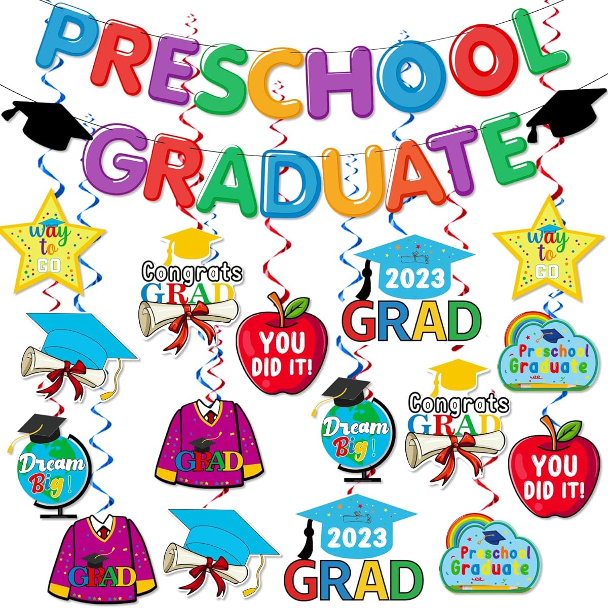 Preschool Graduation Party Decorations, 2023 Preschool Graduation Banner, 2023 Graduation Celebration Swirls for Kids Classroom Decor, Kindergarten Graduation Party Celebration Giveaway Supplies