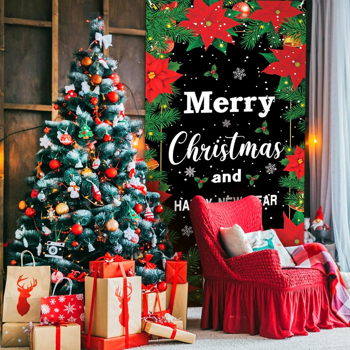 Christmas Poinsettia Flower Door Cover Decoration Merry Christmas Happy New Year Door Banner for Christmas New Year Front Door