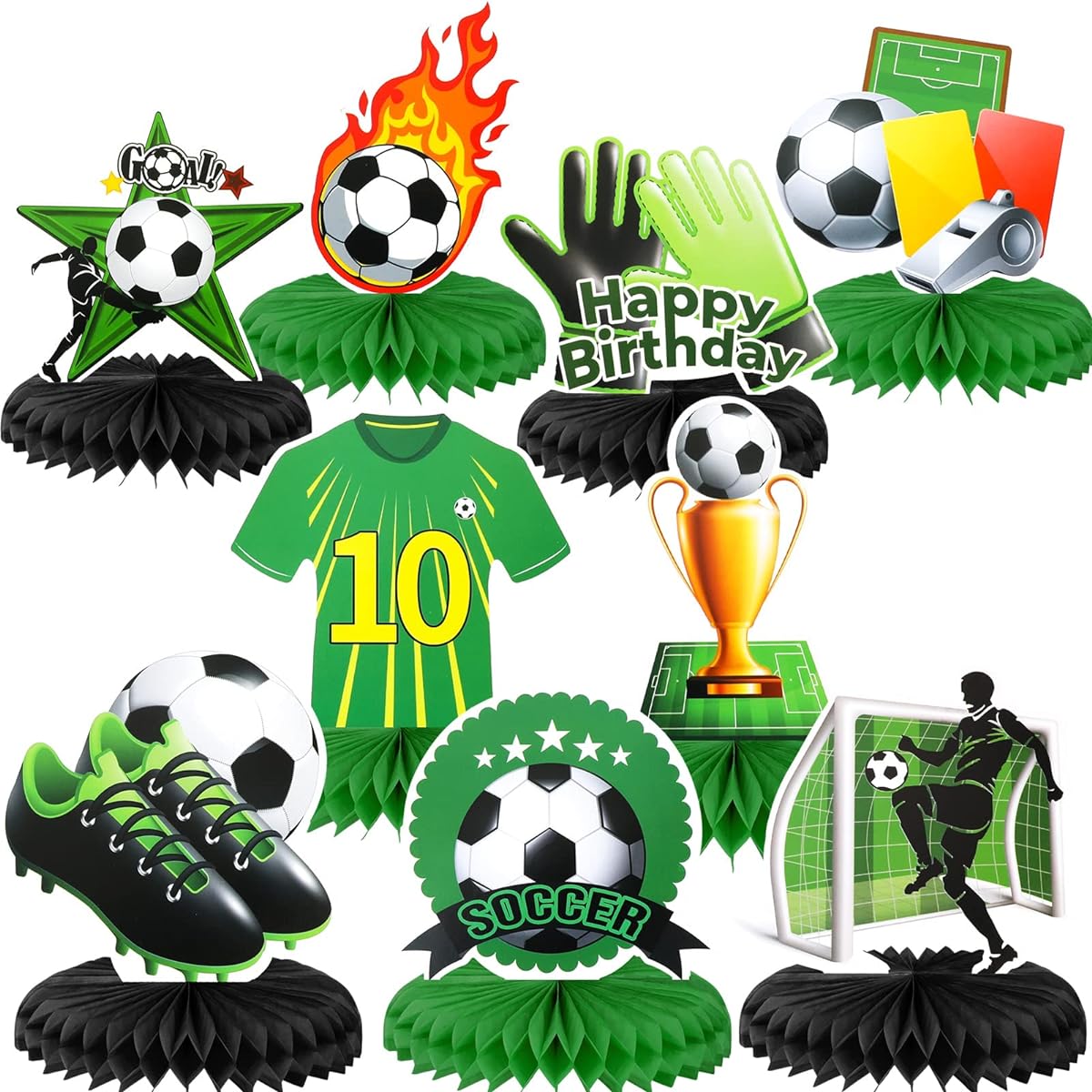 HOWAF Soccer Honeycomb Centerpieces 9 Pieces Soccer Theme Happy Birthday Party Table Centerpieces Decor Soccer Ball Table Decor Soccer Party Centerpieces Boys Kids Birthday Decor Supplies