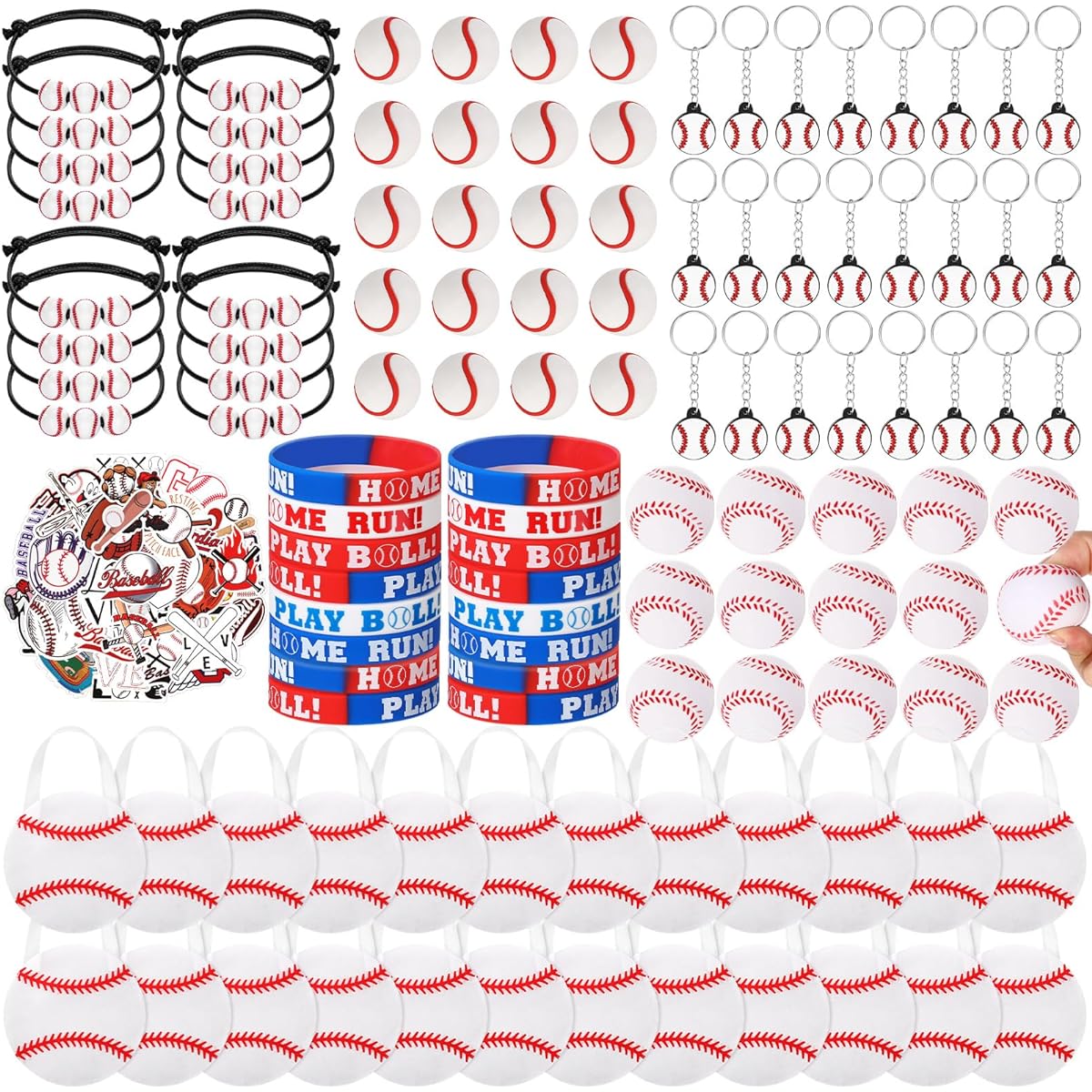 Aoriher Baseball Party Favors Set 194 Pieces Soccer Basketball Football Silicone Bracelet Charm Bracelet Mini Bouncy Ball Toy Keychain Non-Woven Gift Bag Sticker Eraser for Party (Baseball)