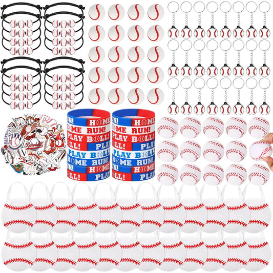 Aoriher Baseball Party Favors Set 194 Pieces Soccer Basketball Football Silicone Bracelet Charm Bracelet Mini Bouncy Ball Toy Keychain Non-Woven Gift Bag Sticker Eraser for Party (Baseball)
