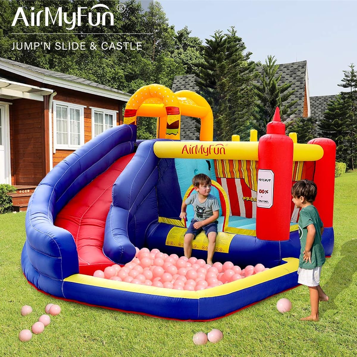 AirMyFun Food Bouncy Castle Bounce House Hamburger Ketchup Shape Jump & Slide Area with Safety Net Giant Castle with Ball Pit & Air Blower