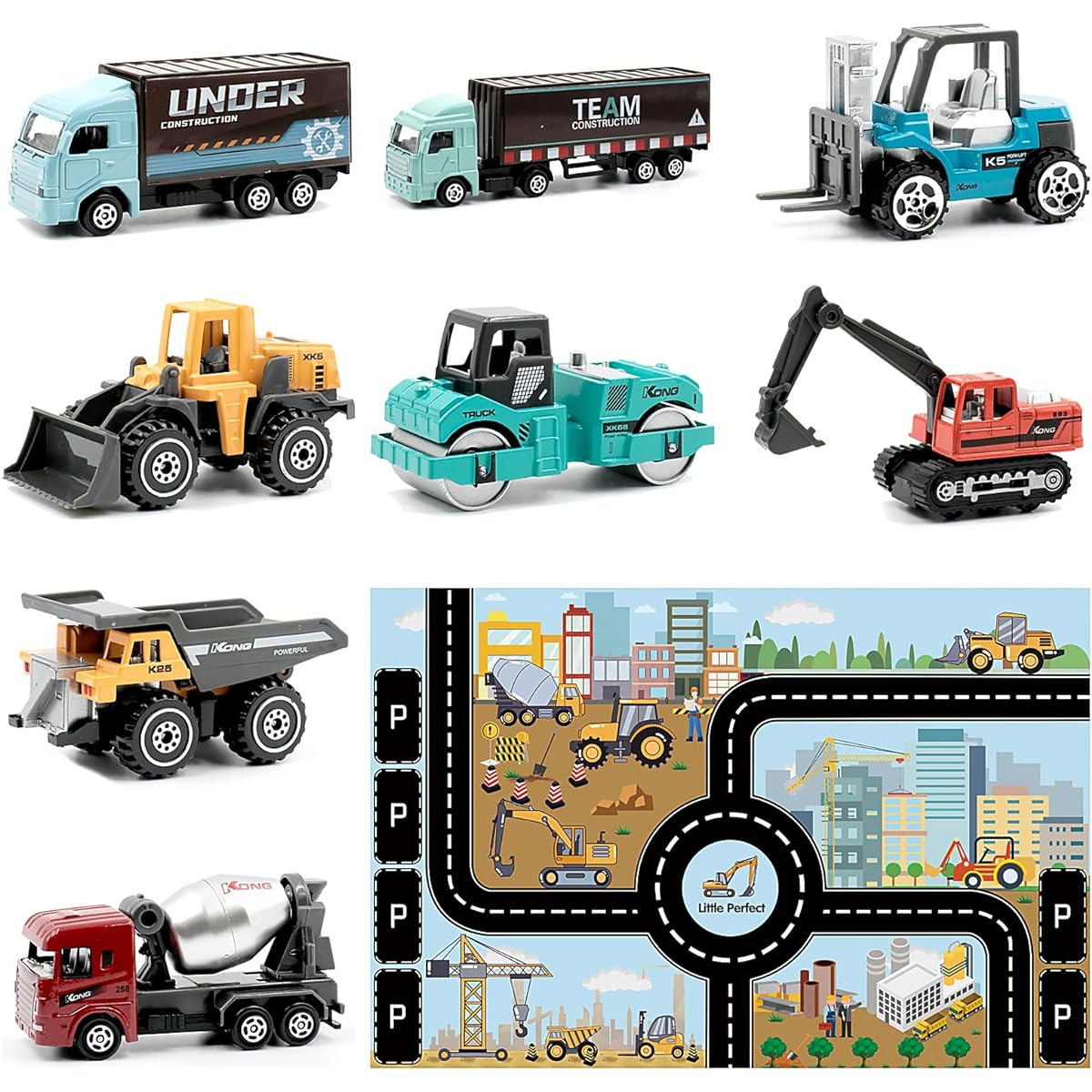 Little Perfect Alloy Mini Construction Engineering Vehicle Toy Set Truck Toys Dump Truck Excavator Forklift Road Roller Bulldozer Mixer Kids Christmas Birthday Gift (Multicolor 8pcs)