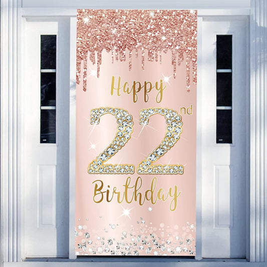 22nd Birthday Door Banner Decorations for Women Pink Rose Gold Happy 22 Birthday Door Cover Sign Party Supplies 22nd Birthday Backdrop Poster Background Decor
