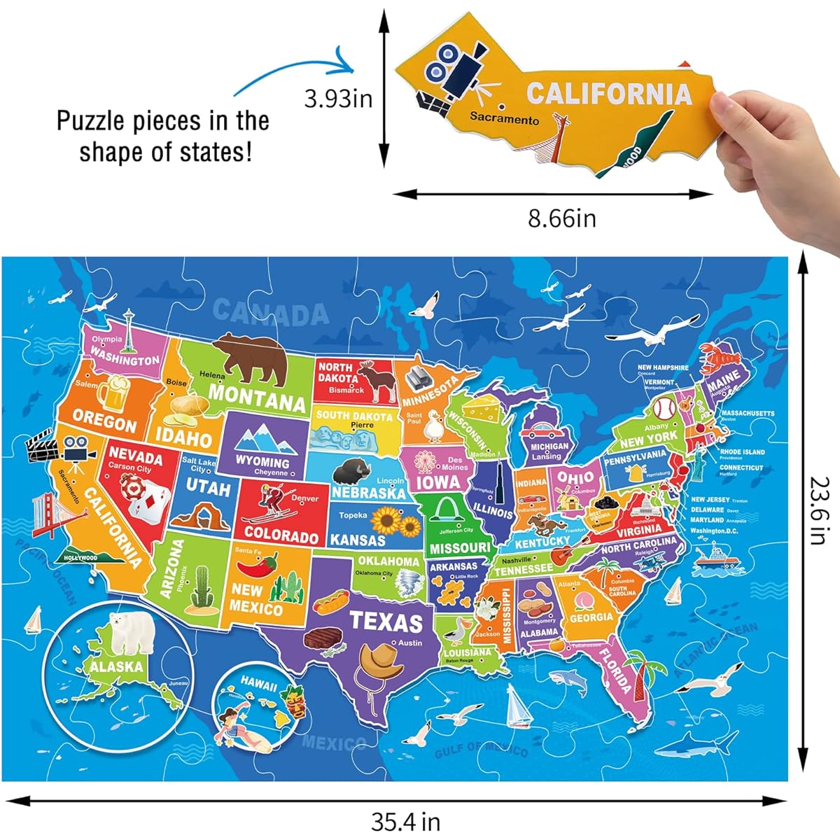 Jumbo Floor Puzzle for Kids USA Map Puzzle Jigsaw Puzzle Geography Puzzle 70 Pieces United States Map Puzzle 50 States Capitals United States Puzzle for 3-5 Year Olds Preschool Learning Toys Gifts for 4-8 Year Olds