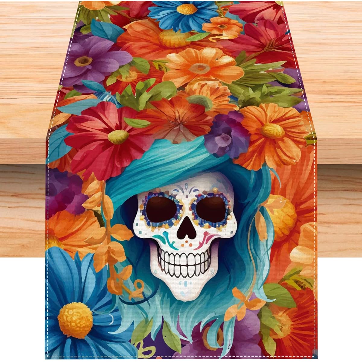 Linen Mexican Fiesta Flower Skull Table Runner 72" Long Dia De Los Muertos Decor Day of the Dead Home Kitchen Dining Room Table Decorations