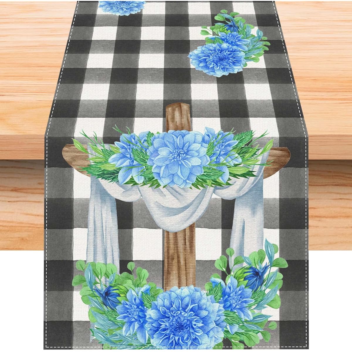 Jiudungs Linen Black and White Buffalo Check Plaid Table Runner 72" Long He is Risen Decorative Farmhouse Spring Summer Easter Home Kitchen Dining Table Decoration