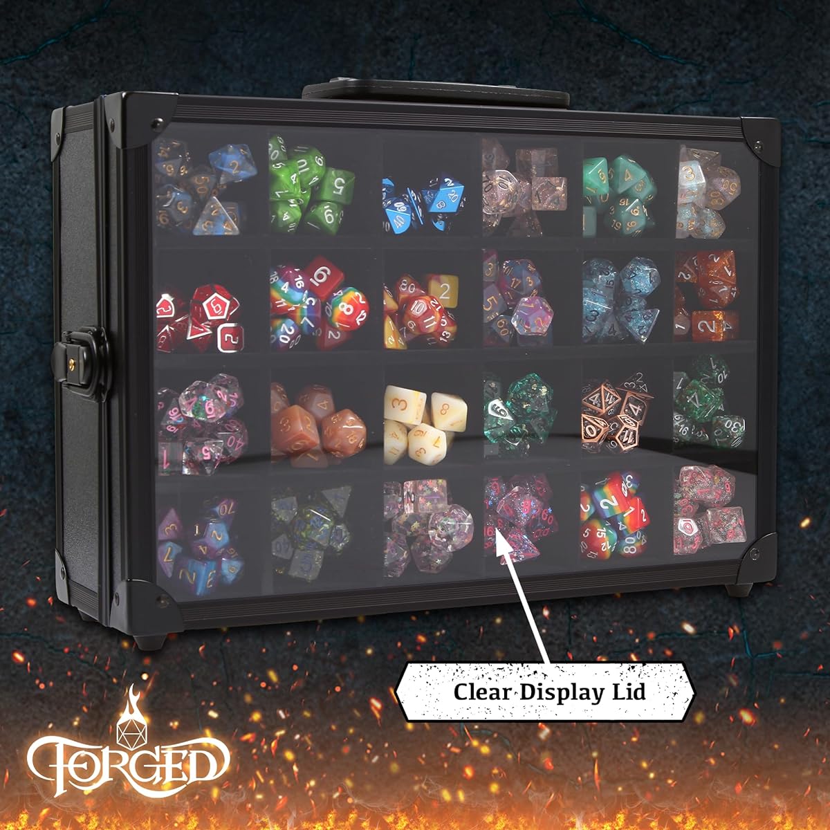 Forged Dice Co. Dice Display Case and Rolling Tray with 3 Removable Divided Dice Trays - Storage Box Holds up to 720 Metal or Plastic Polyhedral Dice Sets - Perfect for Dice Collectors or RPG D&D Games