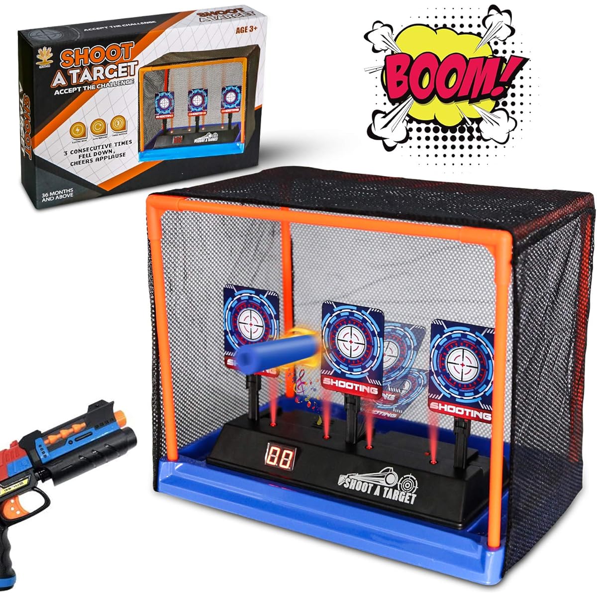 Electronic Shooting Target Scoring Auto Reset Digital Target Nerf Gun Toy with Support Cage & Net Christmas Birthday Gift for Kids-Boys & Girls