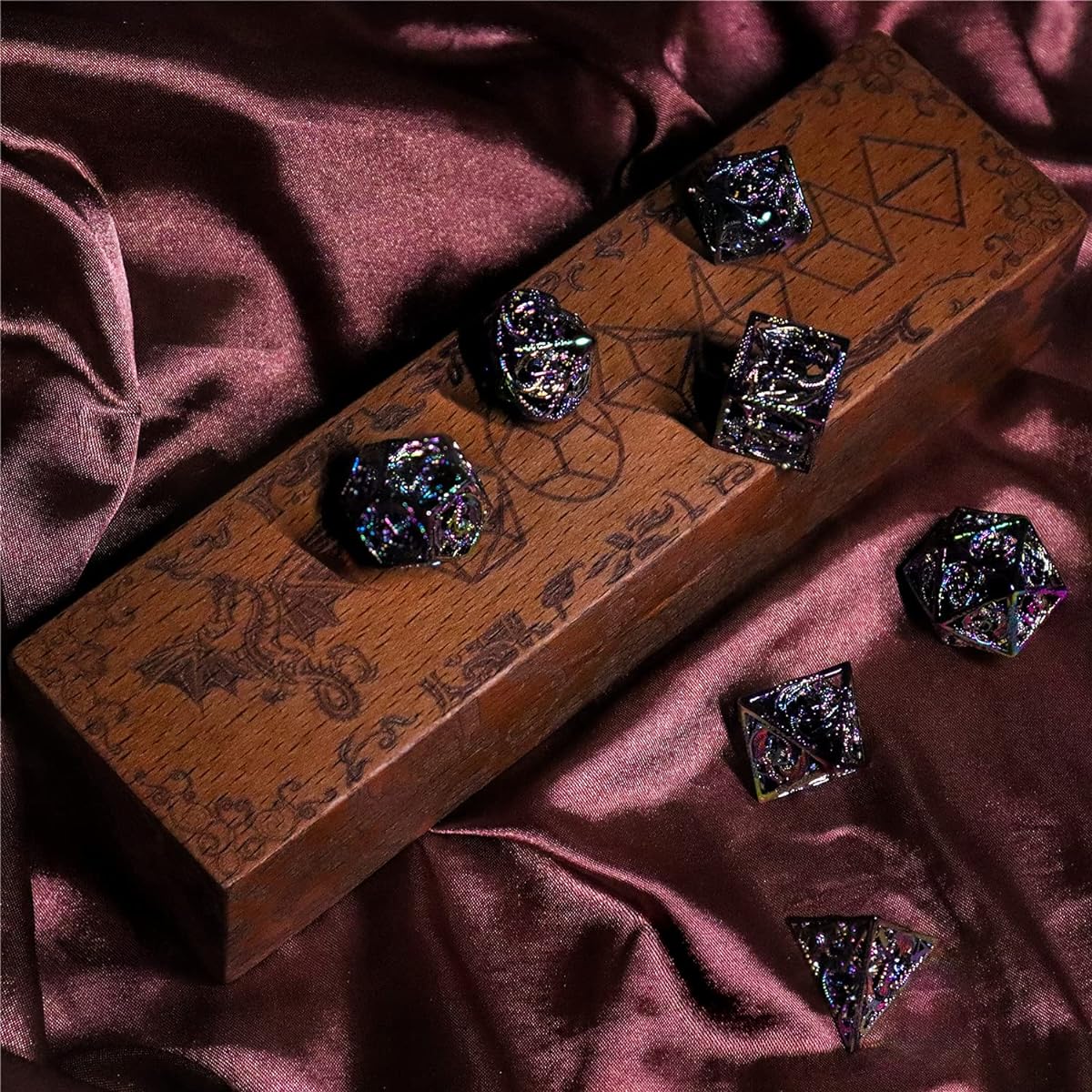 Metal Dragon DND Dice Set, Copper Material D&D Style Dice for Medieval Fantasy RPG, 7 Dice with Wooden Box, Chromatic Dragon