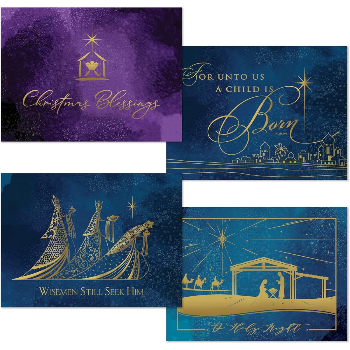 Masterpiece Studios Foil 12 Boxed Assorted Holiday Cards, 4 Different Designs, Holiday Blessings, 6.25" x 4.6"