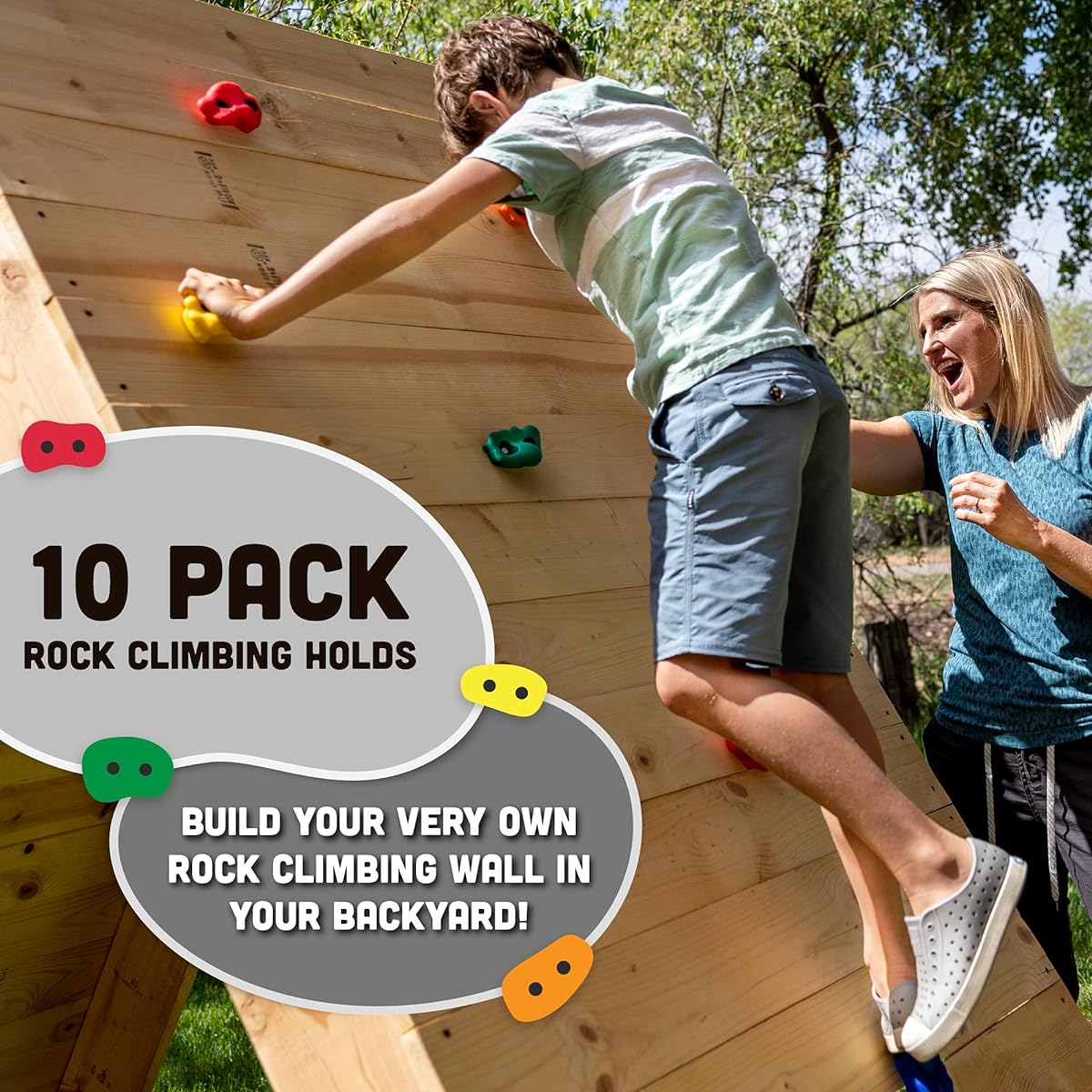 Squirrel Products Kids Rock Climbing Indoor and Outdoor Playground Accessories Rock Wall Climbing Kit with Mounting Hardware, 10 Pack, Patented Safety Plug Included