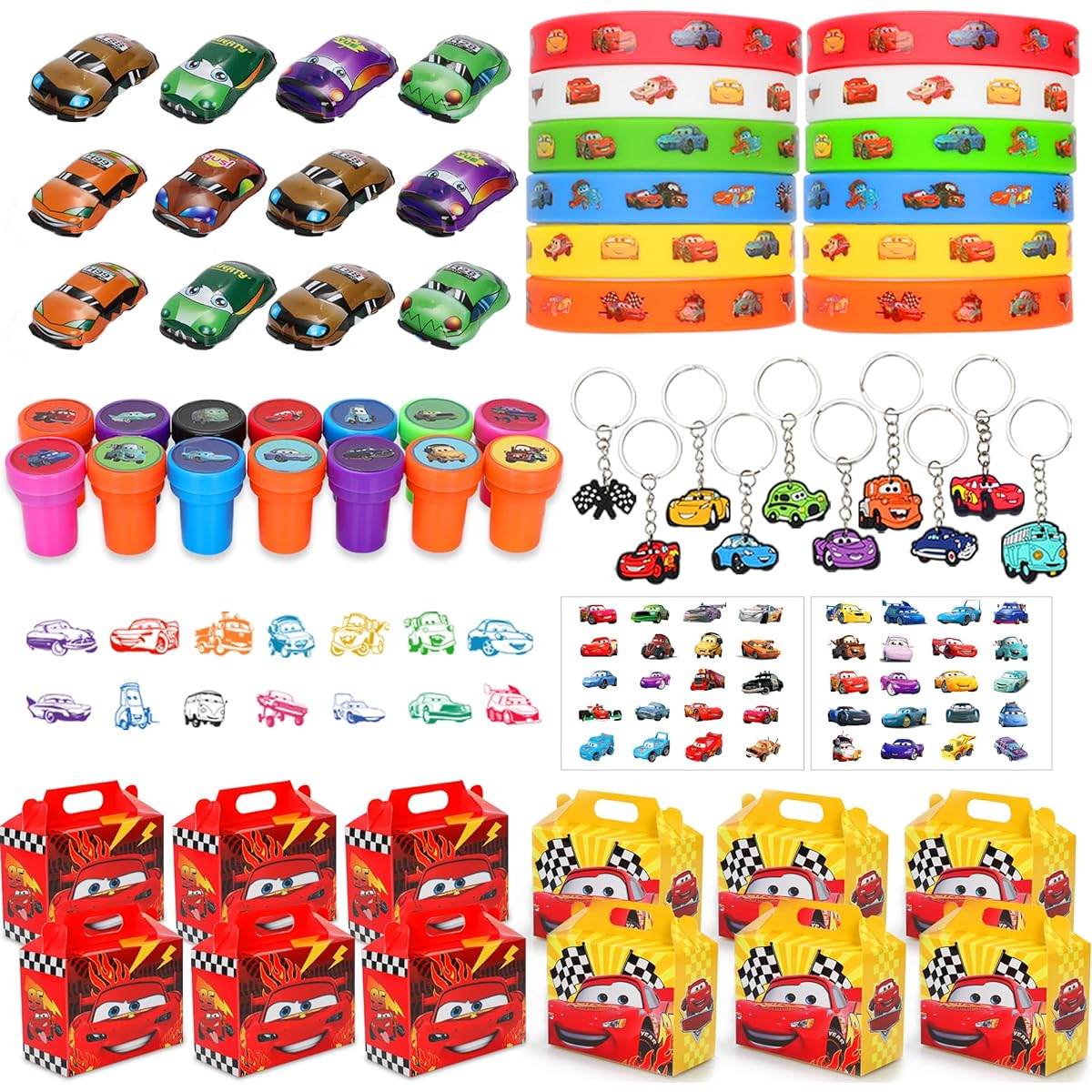 Car Birthday Party Supplies Car Birthday Party Favors Car Birthday Party Decorations 12 Cars, 14 Stampers, 12 Key Chains, 12 Bracelets, 12 Gift Boxes, 4 Tattoo Stickers