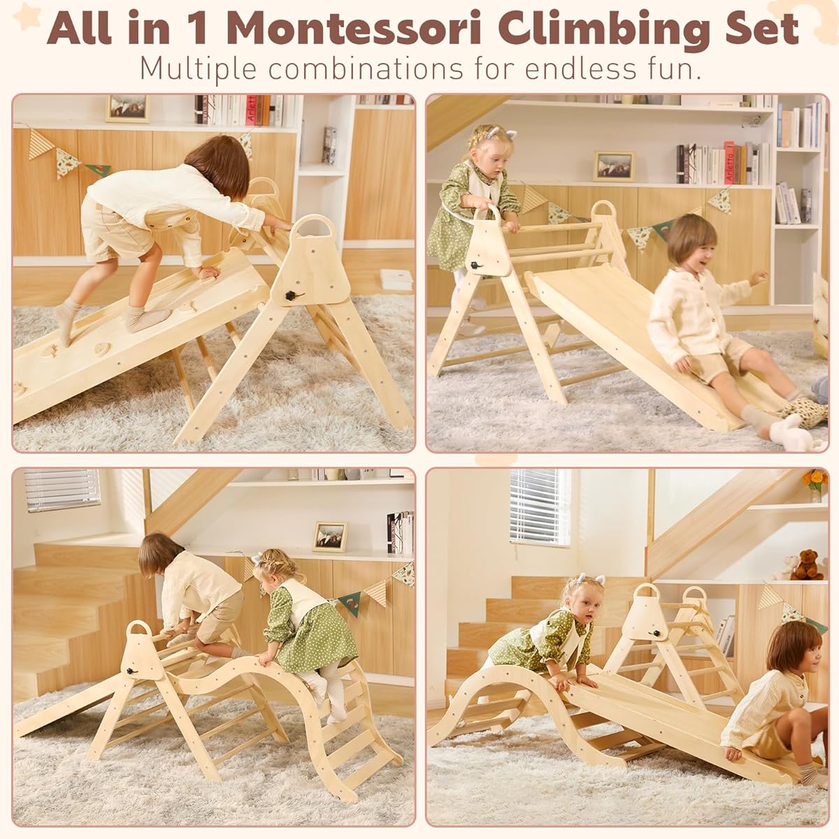 KIDHABE 7-in-1 Foldable Pikler Triangle Set with Ramp & Arch Rocker, Montessori Climbing Set for Toddlers, Wooden Climbing Gym for Indoor & Outdoor Play Area, Early Learning for Kids
