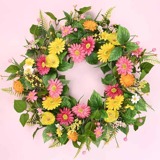 Waipfaru Spring Wreath for Front Door, 22 Inch Summer Front Door Wreath, Daisy Flowers & Green Leaves Door Wreath for Indoor and Outdoor Porch Patio Wall Decor for All Seasons