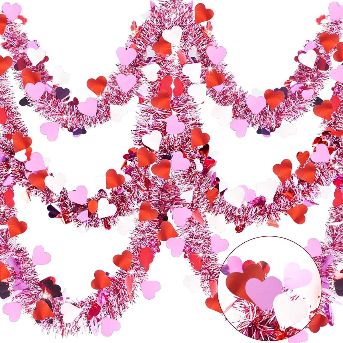 unlemoni 66ft Valentine's Day Tinsel Garland 2 Pieces Red Pink White Heart Metallic Twist Garland Valentine Tree Hanging Garland Home Wedding Party Valentine's Day Decoration