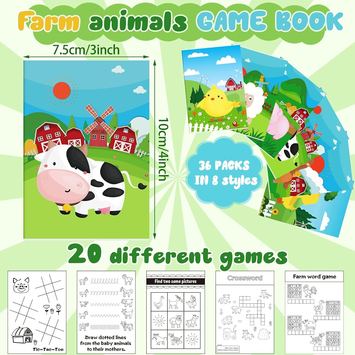 Farm Animals Mini Activity Books for Kids DIY Game Book Set with Cow, Pig, Chicken, Duck, Sheep Mini Coloring Books for Party Favors, Goodie Bag Stuffers, Classroom, Back to School Supplies, 36 Books