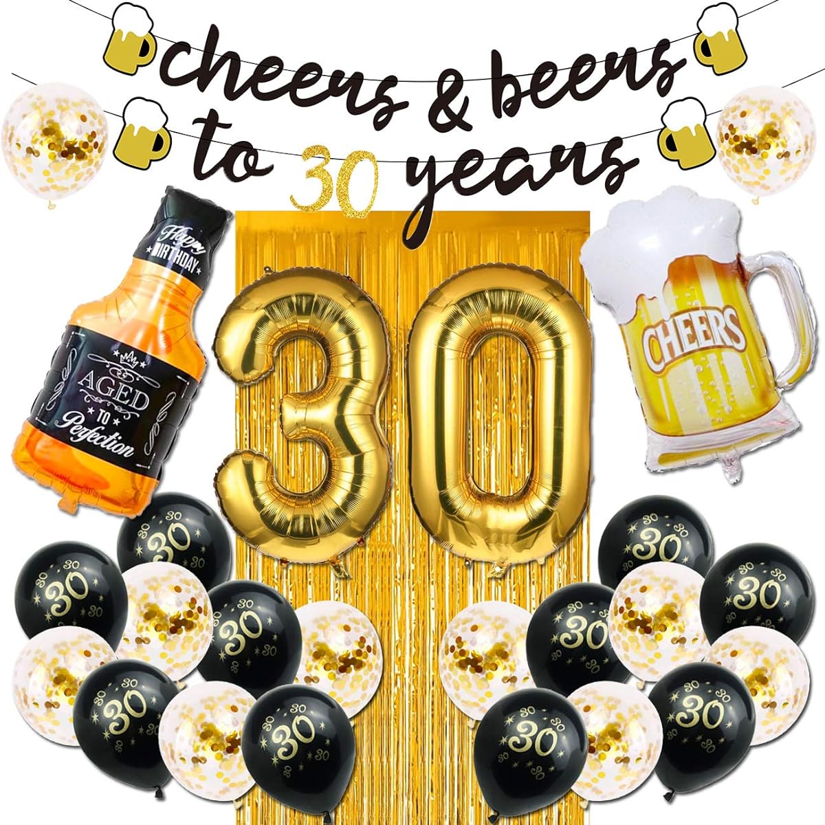 30th Birthday Decorations for Him, 30 Years Birthday Decorations with 40 Inch Gold Number Balloons, Banner, 30 Sign Latex Balloon, Fringe Curtains and Cups Foil Balloons