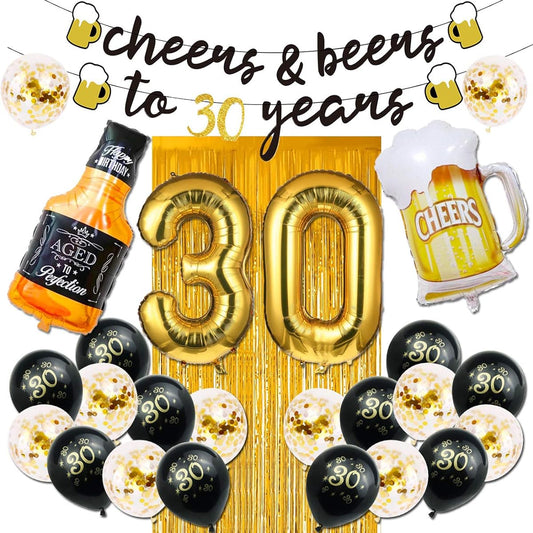 30th Birthday Decorations for Him, 30 Years Birthday Decorations with 40 Inch Gold Number Balloons, Banner, 30 Sign Latex Balloon, Fringe Curtains and Cups Foil Balloons