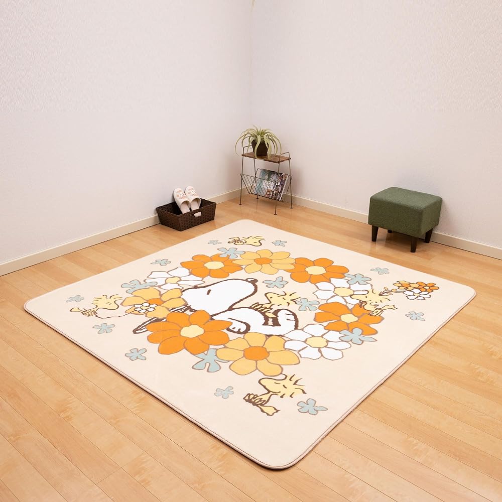 Senko Snoopy Flowers Rug Mat Approx. 180 x 180cm Orange Character Compatible with Floor Heating Cute Fluffy Soft Warm Washable 28073