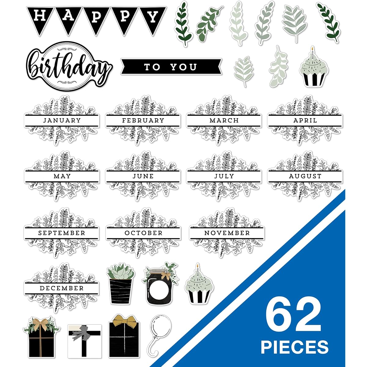 Carson Dellosa Farmhouse Birthday Bulletin Board Set, Birthday Calendar, Happy Birthday Banner, Rustic Monthly Calendar Header, Birthday Decoration Cutouts, Party or Classroom Boho Deco (62 Pieces)