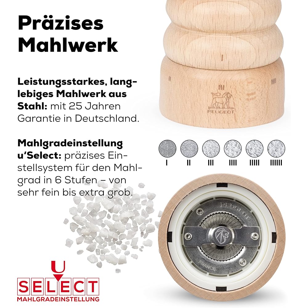 PEUGEOT Mill Salt Salt Mill Wooden Coarseness Adjustment Capacity 30g/12cm Manual Made in France Paris U-Select Plain Wood 23379