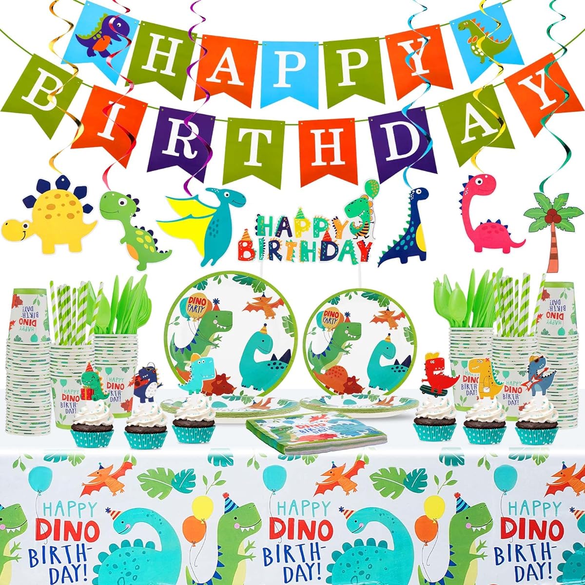 193 Pieces Dinosaur Birthday Party Supplies Dinosaur Party Decorations Dinosaur Paper Plates Cups Napkins Banner Straws Cutlery Tablecloth Cake Cupcake Toppers Hanging Swirls for Kids Boys Girls