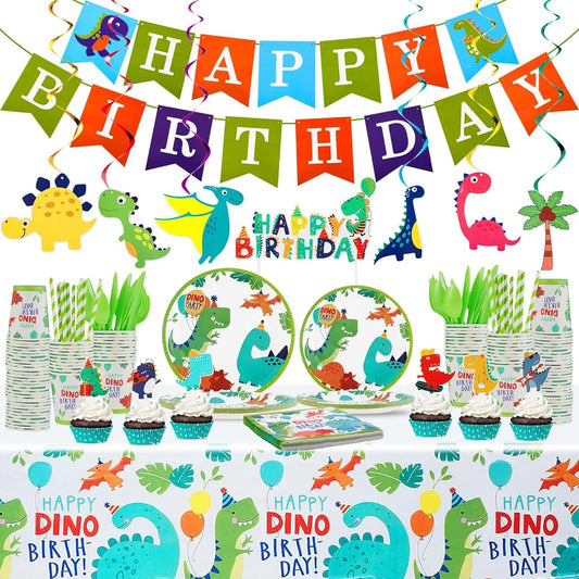 193 Pieces Dinosaur Birthday Party Supplies Dinosaur Party Decorations Dinosaur Paper Plates Cups Napkins Banner Straws Cutlery Tablecloth Cake Cupcake Toppers Hanging Swirls for Kids Boys Girls