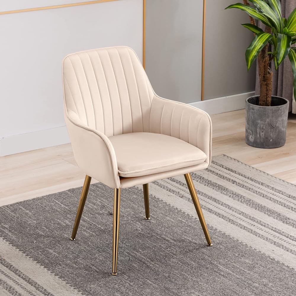 ALtrobene Dining Chair with Arms, Stylish Scandinavian Chair with Gold Legs, Velvet Dresser Chair, Cafe Bar, Home Office, Restaurant, Office Chair, Desk Chair, Computer Chair, Makeup Chair, Beige