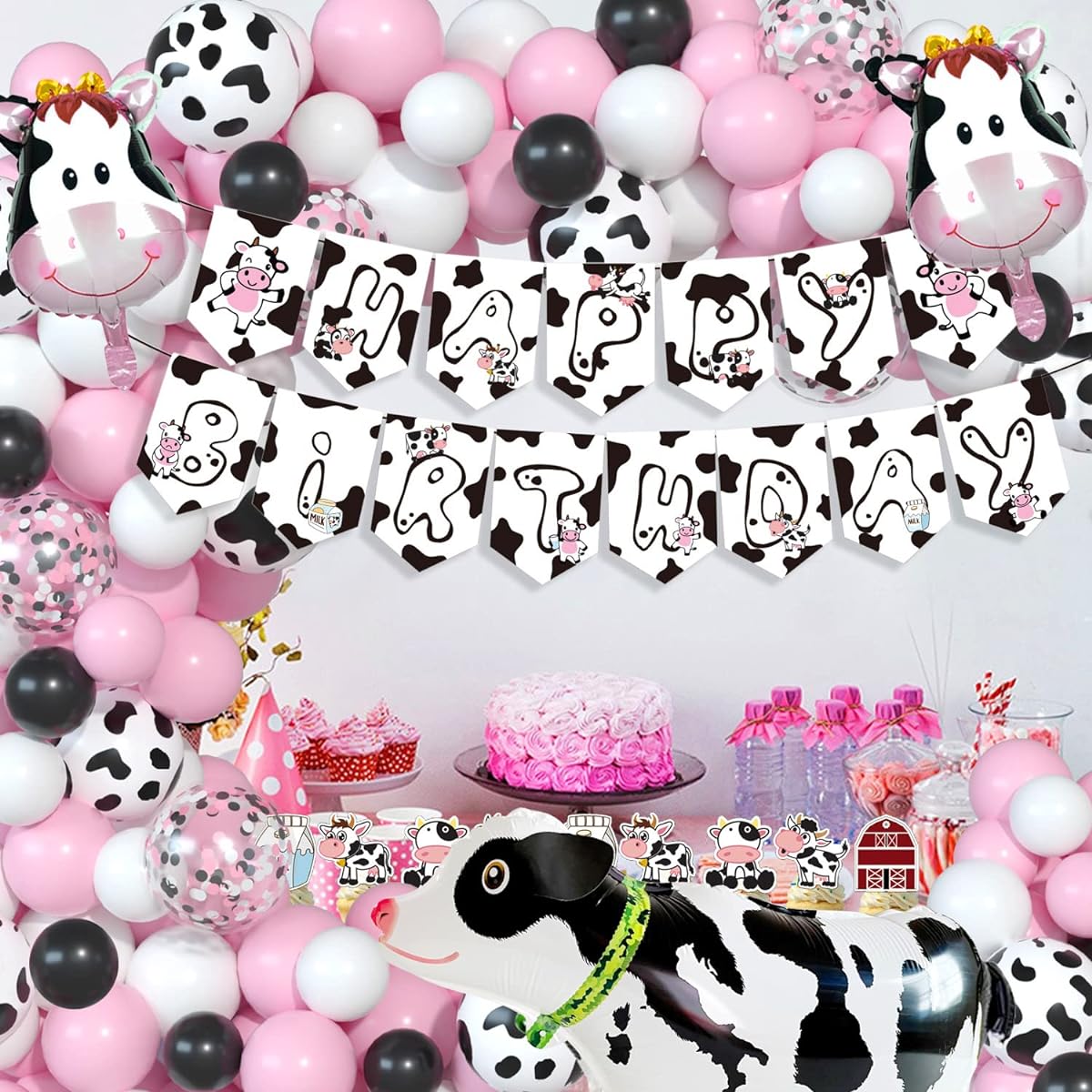 Cow Birthday Party Decorations Balloon Garland Kit Cowgirl Cow Print Banner Tablecloth Cupcake Toppers Light Pink White Black Balloons Walking Cow Foil Balloon Arch Set Baby Shower Farm Animal Party Supplies