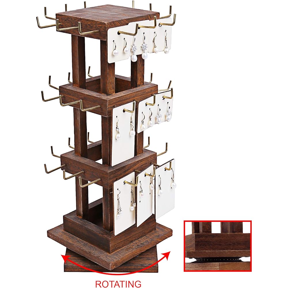 Ikee Design Elegant Wooden Rotating Jewelry Tower - 36 Hooks for Earrings, Bracelets, and More - Versatile Countertop Rack for Stores, Exhibitions, and Home Brown