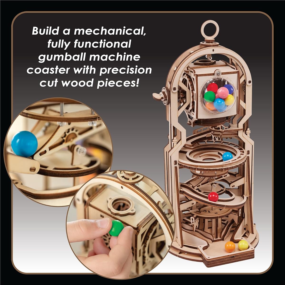 MindWare Gearjits: Gumball Machine Marble Coaster - Wooden 3D Building Puzzle for Teens & Adults - DIY Building Model - Fun for Parents Too - Great STEM Gift for Kids Ages 12+