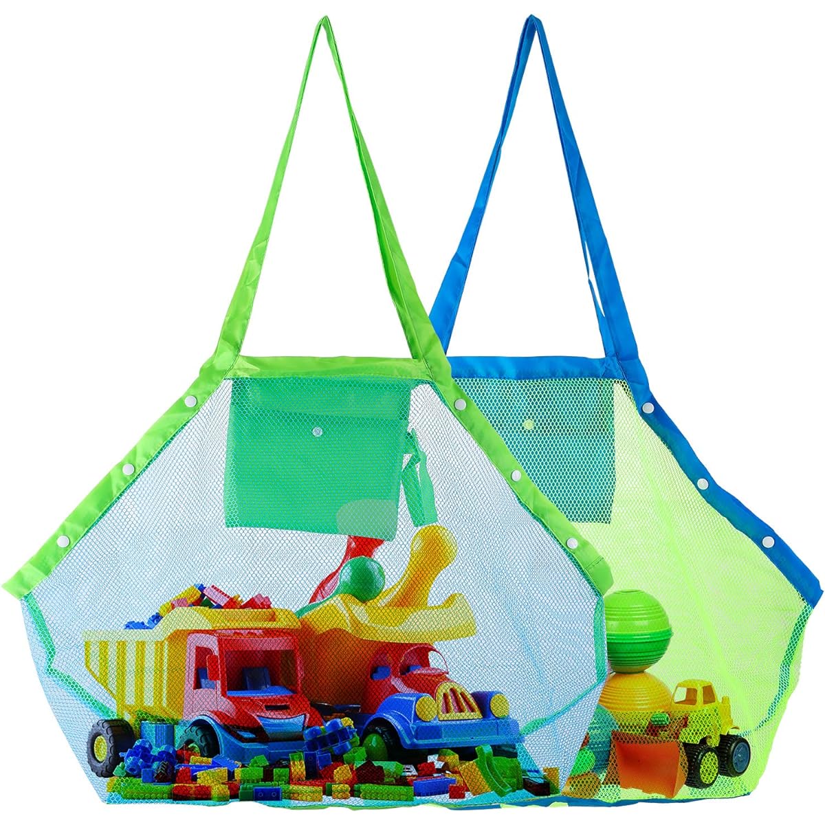 ValueTalks Mesh Beach Tote Bags XL Large 2 Pack Kids Seashell Bags for Outdoor Swimming Pool Kids Toys Travel Towel Sand Free Organizer Storage Bag Foldable Lightweight (Green+Blue)