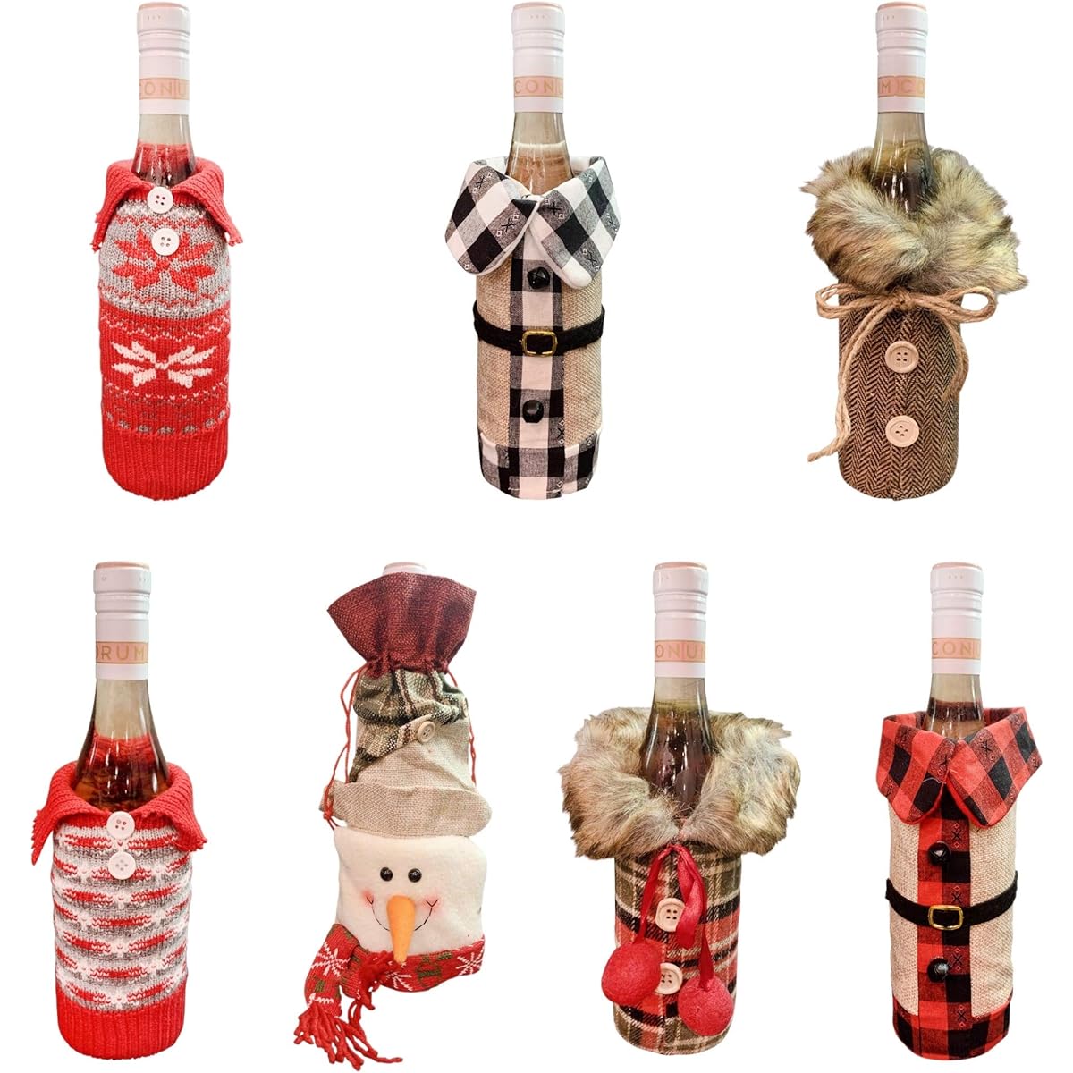 PakedDeals 7 Piece Christmas Wine Bottle Covers Wine Bottle Dress Wine Bottle Sweater Cover Bag Snowman Set