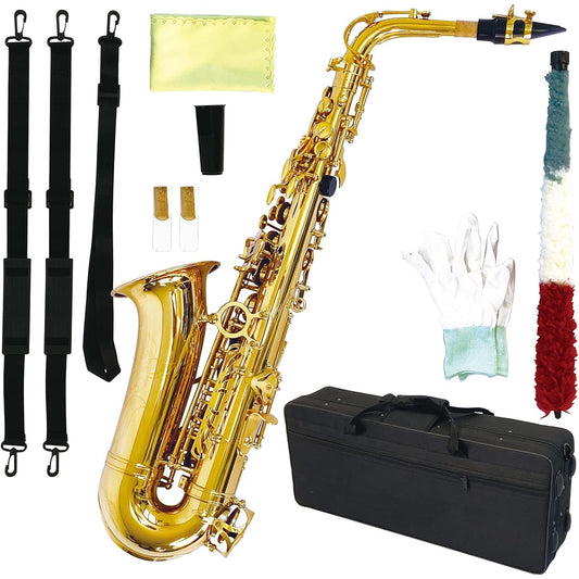 Alto Saxophone 11 Piece Set E Saxophone Gold Lacquer with Case Engraved Beginner Saxophone Introductory Set
