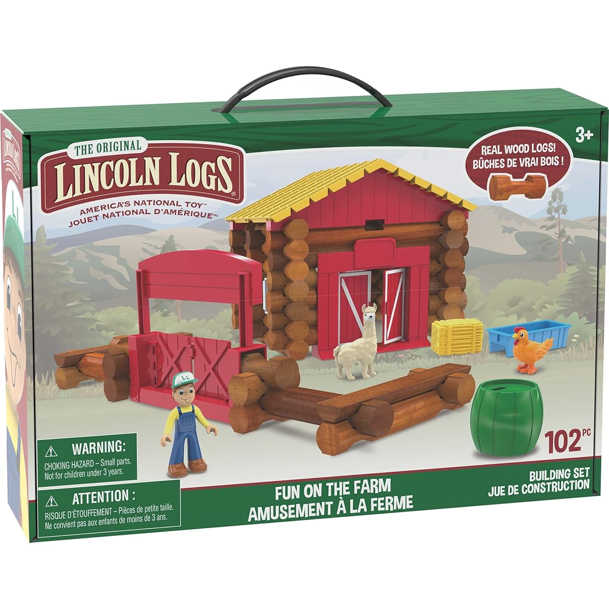 LINCOLN LOGS - Fun On The Farm - 102 Pieces - Real Wooden Logs - Ages 3+ - Best Retro Building Gift Set - Creative Construction Engineering - Top Blocks Game Kit - Preschool Educational Toy