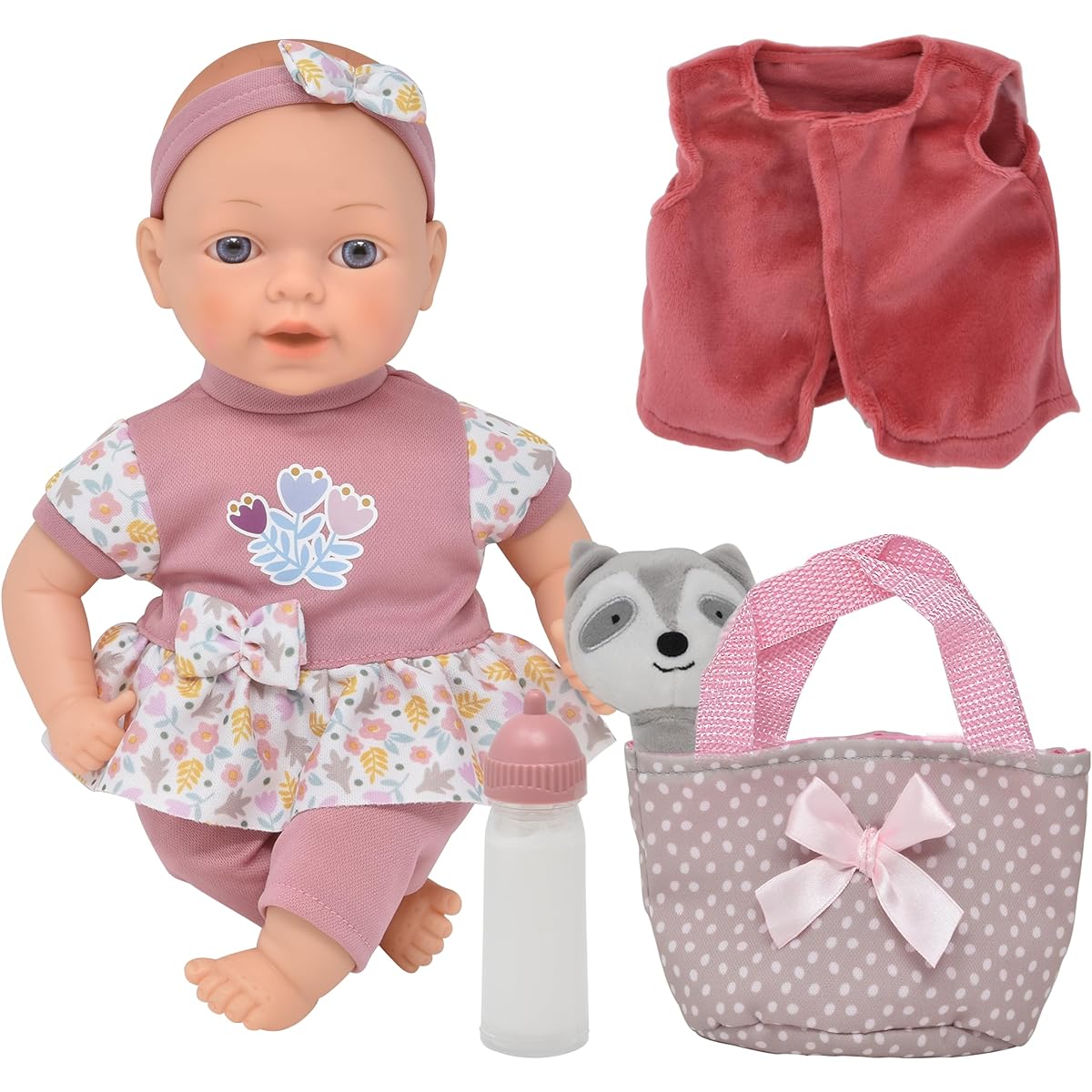 Super cute 14 inch baby doll travel carry case set, adorable doll comes dressed in clothes, diaper, headband, includes baby bag, extra jacket, bib, and milk bottle accessories