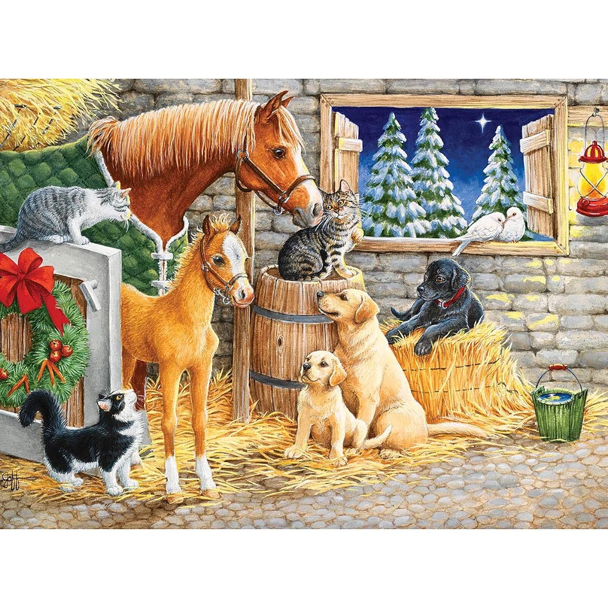 Bits and Pieces - 300 Piece Jigsaw Puzzle for Adults 18" x 24" - An Evening with Friends - 300 Piece Horses Cats Dogs Barn Cold Winter Night Pine Trees Snow Farm Animals Jigsaw Artist Kathy Goff